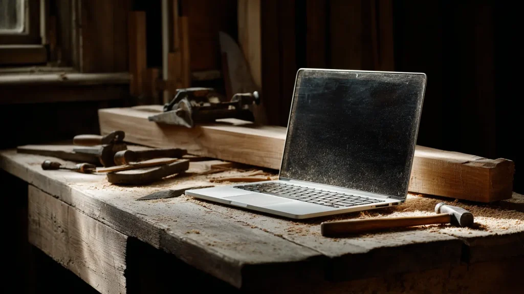 Ordinateur portable ouvert posé sur un établi de menuisier, évoquant l'accompagnement digital des artisans par un chargé de projet web