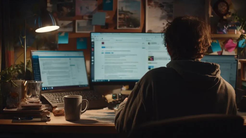 Illustration d'un chef de projet web débordé, entouré de dossiers et de téléphones, évoquant la coordination simultanée de plusieurs missions et équipes