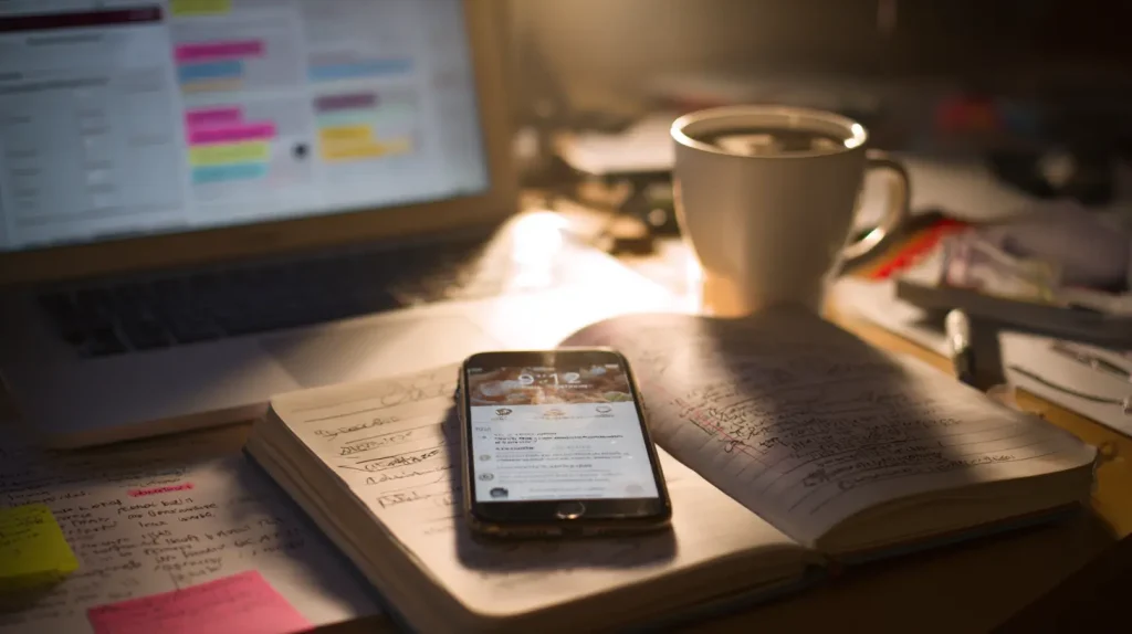 Bureau de chef de projet web avec ordinateur ouvert sur Trello, carnet annoté, téléphone et tasse de café en fin de journée